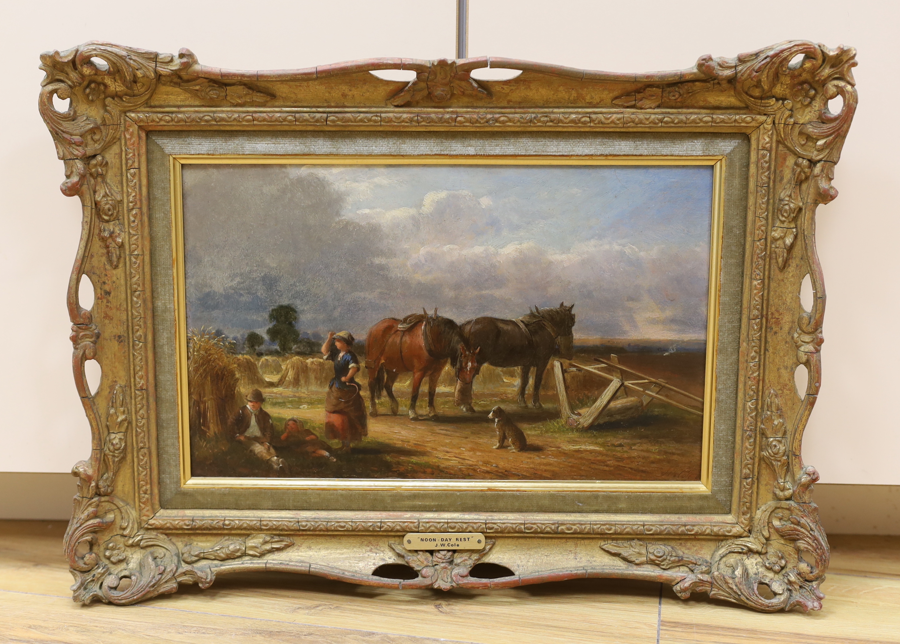 James William Cole (act. 1830–1882), oil on board, ‘Noon Day Rest’, signed and dated 1860, applied plaque to the frame, 20 x 32cm